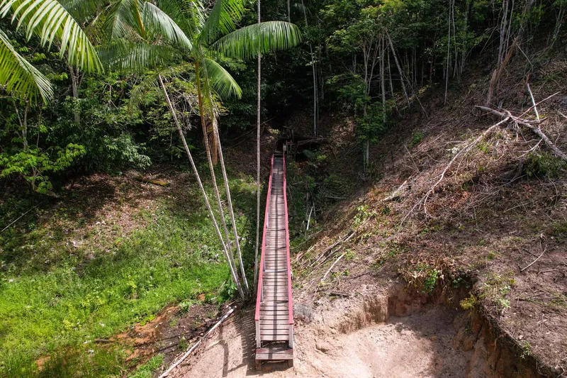 Wooden walkway with red handrails climbing the forested slope at Balneário Recanto do Cupu, seen from above.