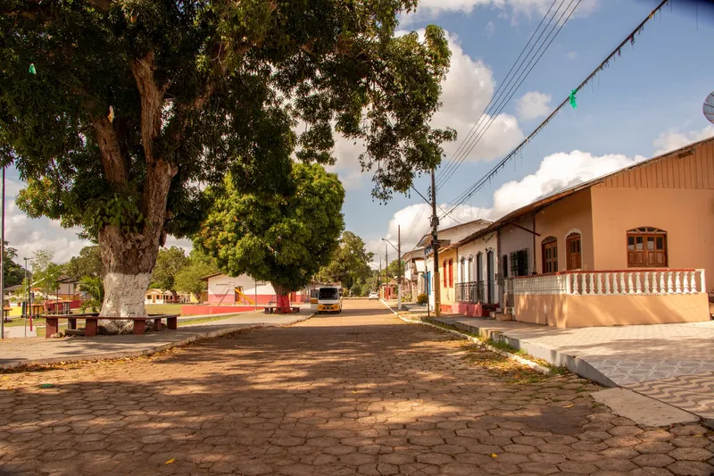 Rua de bloquetes em Mazagão Velho sombreada por uma grande árvore, com casas antigas à direita e praça à esquerda.