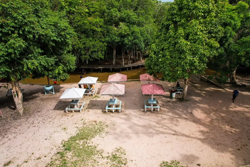 Low aerial view of pink and white roofed kiosks on the sand, with the creek and wooden boardwalk in the forest behind.