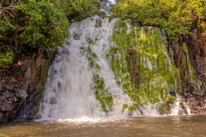 Caída de agua en velo sobre roca cubierta de musgo verde junto a la Cachoeira de Santo Antônio
