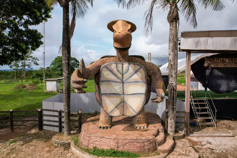 Vista frontal del Monumento da Tartaruga: gran estatua de una tortuga con sombrero haciendo el gesto de pulgar arriba, sobre base de piedra entre palmeras.