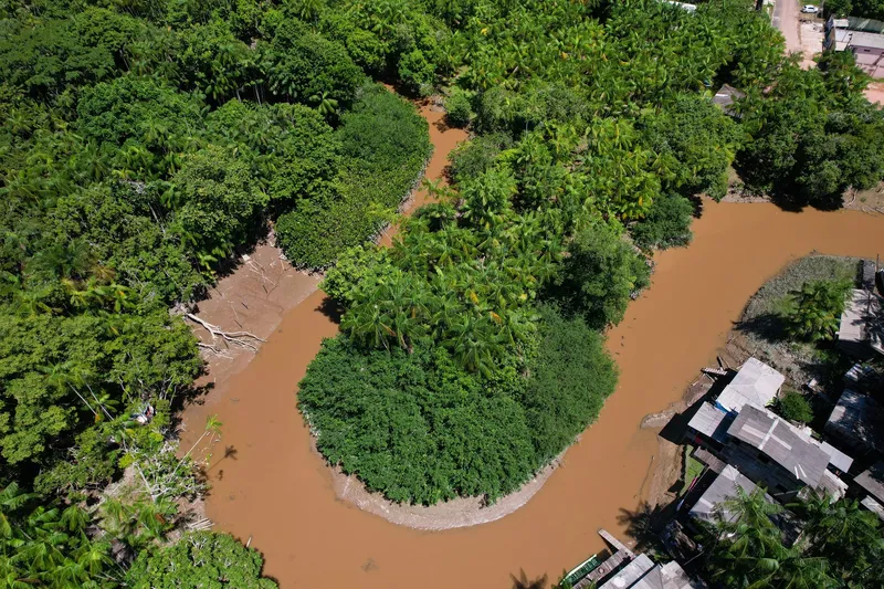 Vue aérienne de la rivière Paxicu serpentant entre la forêt et les palmiers, avec des maisons en bois sur la rive droite.