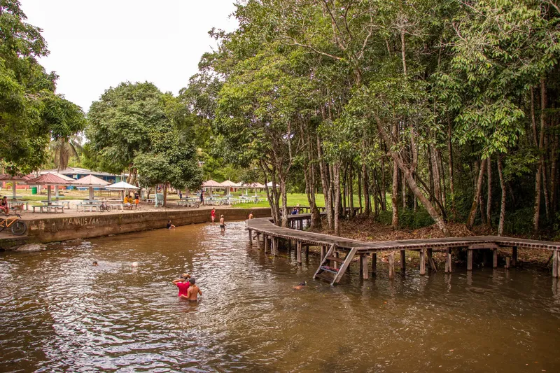 Bathers in the tea-colored creek of Balneário São Joaquim do Pacuí, with a wooden boardwalk and tall trees.