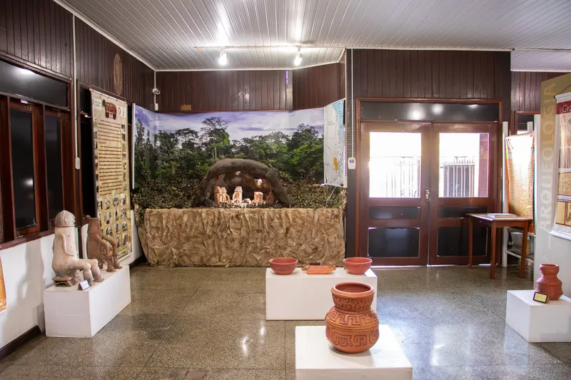 Sala de exposição do Museu de Arqueologia e Etnologia com vasos de cerâmica em pedestais brancos, estatuetas e um cenário de floresta ao fundo.