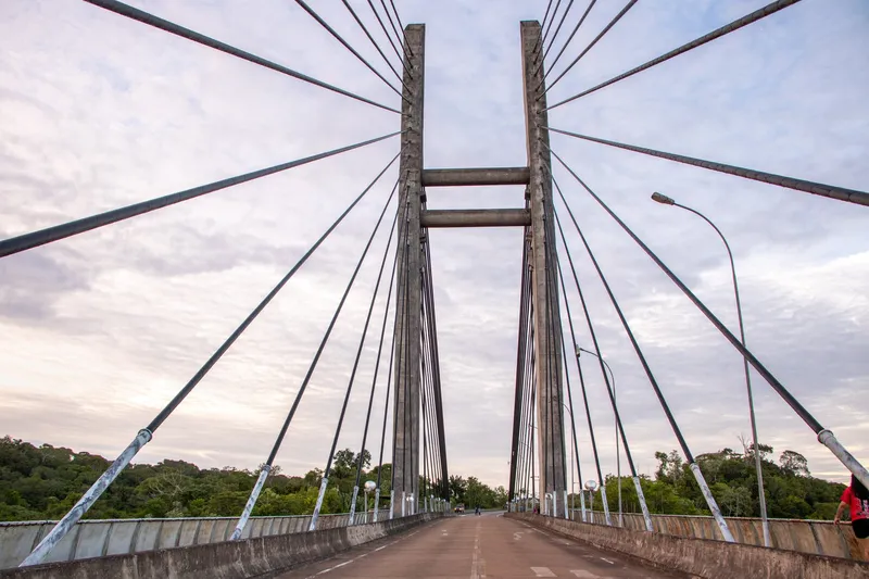 Binational Bridge seen from the deck: central roadway, two concrete towers and stay cables fanning out against the pale sky