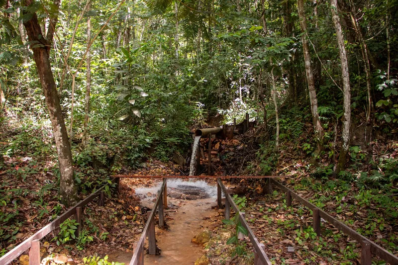 Water spouting from a pipe in the middle of the forest at Balneário Belas Águas, with a wooden railing around the stream.