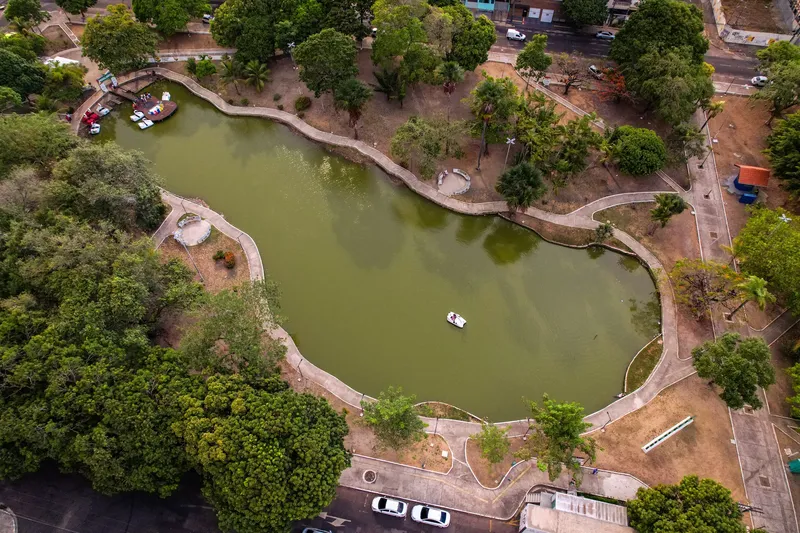 Vista aérea de cima do lago da Praça Floriano Peixoto, de contorno sinuoso, com um pedalinho na água verde e árvores ao redor.
