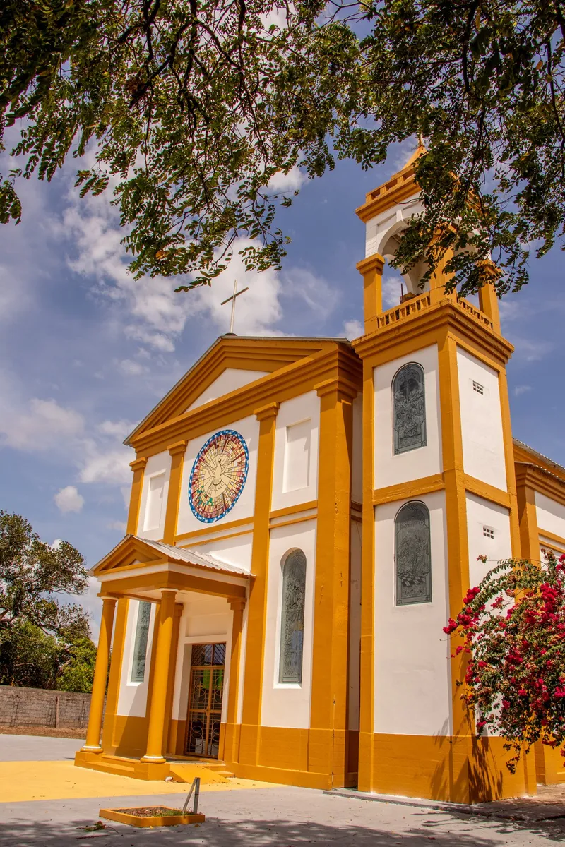 Fachada branca e amarela da Igreja Nossa Senhora de Nazaré vista de baixo, com vitral redondo, torre sineira, galhos de árvore e flores vermelhas