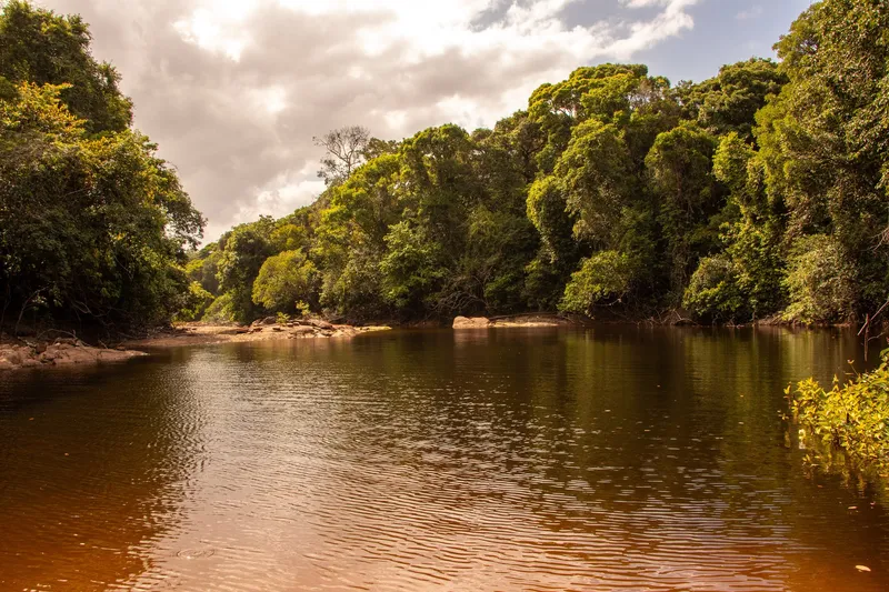 Calm dark-water river at Balneário da Prainha, with tall forest on the banks, shallow rocks in the distance and a cloudy sky