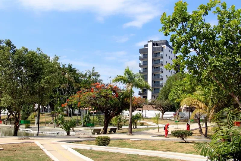 Lago, caminhos e árvores da Praça Floriano Peixoto.