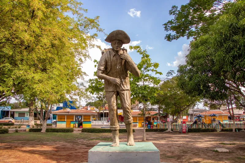 Statue of a man in a hat on a pedestal in Praça João da Silva Nery, with trees and colorful kiosks
